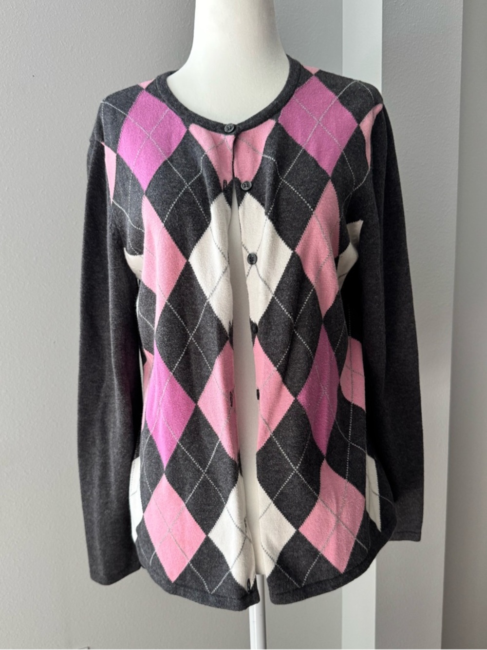 Y2K Karen Scott grey pink argyle cardigan 100% cotton barbiecore size medium
